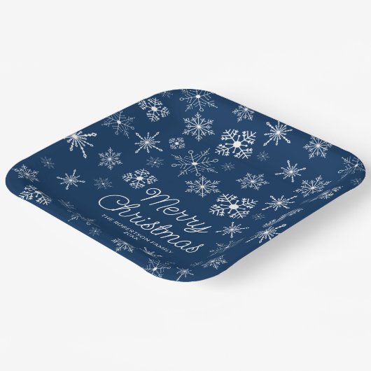 Navy Blue Snowflakes Kerstfeest Papieren Bordje (Gebogen)