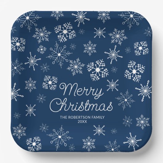Navy Blue Snowflakes Kerstfeest Papieren Bordje (Voorkant)