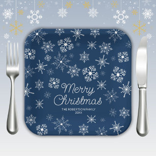 Navy Blue Snowflakes Kerstfeest Papieren Bordje