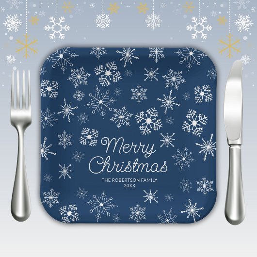 Navy Blue Snowflakes Kerstfeest Papieren Bordje