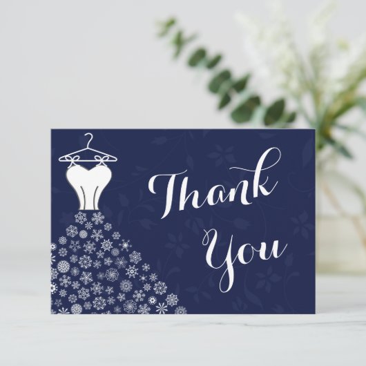 Navy Blue Snowflakes Wedding Dress Dank je Bedankkaart (Staand voorkant)