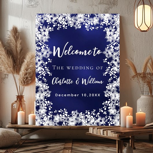 Navy blue snowflakes wedding welcome sign poster