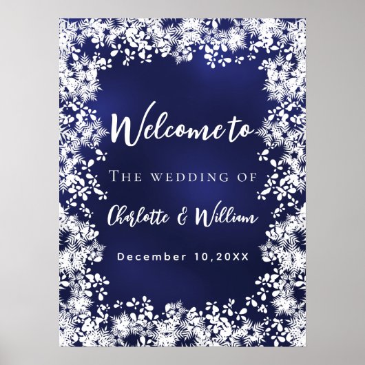 Navy blue snowflakes wedding welcome sign poster (Voorkant)