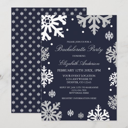 Navy Blue Snowflakes Winter Bachelorette Party Kaart (Voorkant / Achterkant)