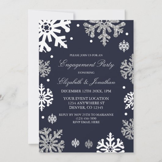 Navy Blue Snowflakes Winter Engagement Kaart (Voorkant)
