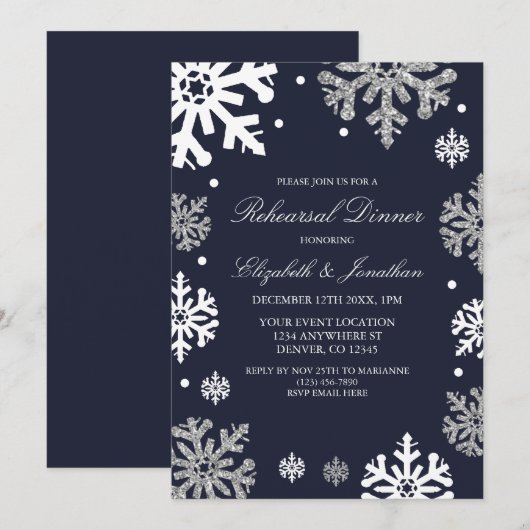 Navy Blue Snowflakes Winter Rehearsal Dinner Kaart (Voorkant / Achterkant)