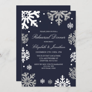 Navy Blue Snowflakes Winter Rehearsal Dinner Kaart