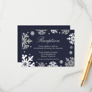 Navy Blue Snowflakes Winter Weddenschap Informatiekaartje