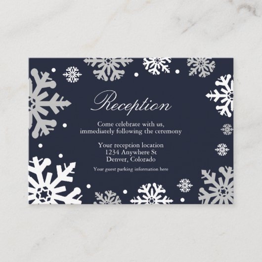 Navy Blue Snowflakes Winter Weddenschap Informatiekaartje (Voorkant)