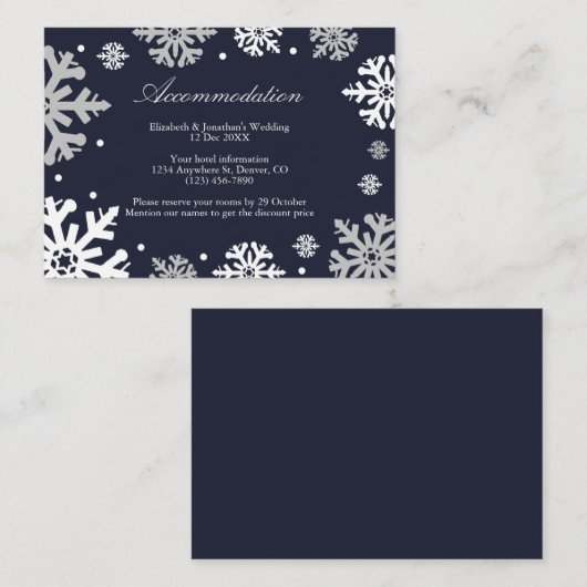 Navy Blue Snowflakes Winter Wedding Accommodatie Informatiekaartje (Voorkant / Achterkant)