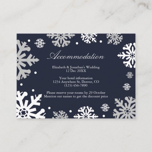 Navy Blue Snowflakes Winter Wedding Accommodatie Informatiekaartje (Voorkant)