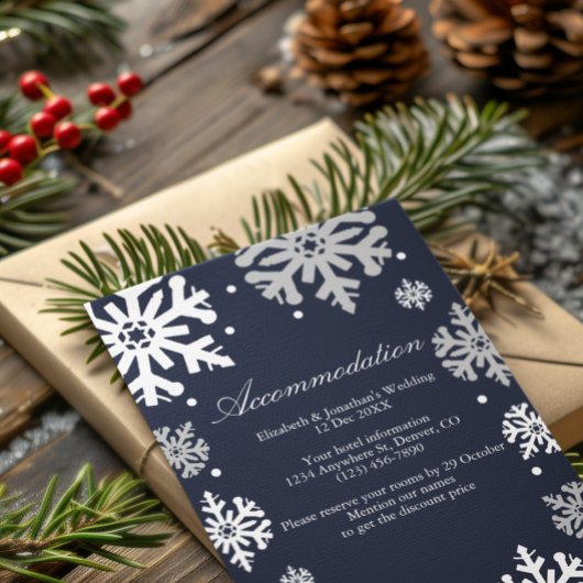 Navy Blue Snowflakes Winter Wedding Accommodatie Informatiekaartje