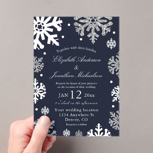 Navy Blue Snowflakes Winter Wedding Acryl Uitnodigingen (Insitu (Draagbaar))