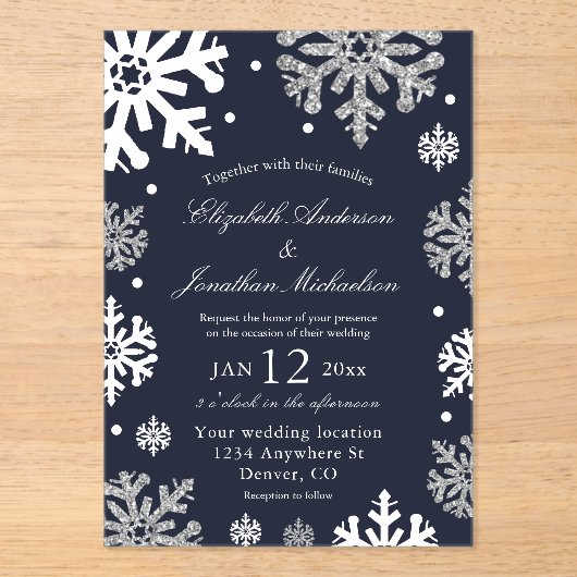 Navy Blue Snowflakes Winter Wedding Acryl Uitnodigingen (Voorkant)