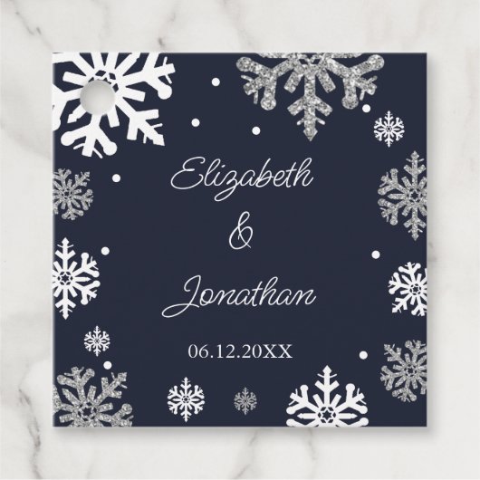Navy Blue Snowflakes Winter Wedding Bedankjes Labels (Voorkant)