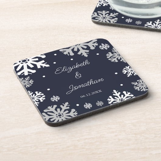 Navy Blue Snowflakes Winter Wedding Bier Onderzetter (Linkerzijde)