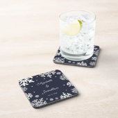 Navy Blue Snowflakes Winter Wedding Bier Onderzetter (Rechterzijde)