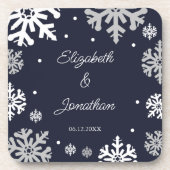 Navy Blue Snowflakes Winter Wedding Bier Onderzetter (Voorkant)