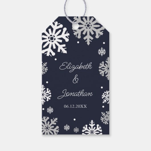 Navy Blue Snowflakes Winter Wedding Cadeaulabel (Voorkant)