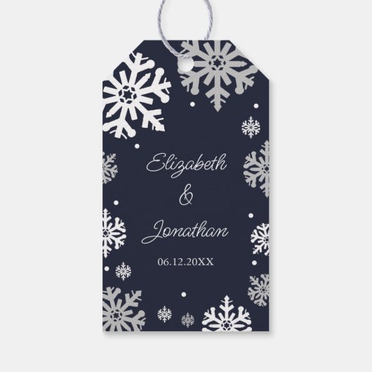 Navy Blue Snowflakes Winter Wedding Cadeaulabel (Achterkant)