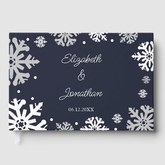 Navy Blue Snowflakes Winter Wedding Gastenboek (Voorkant)