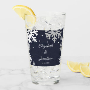 Navy Blue Snowflakes Winter Wedding Glas