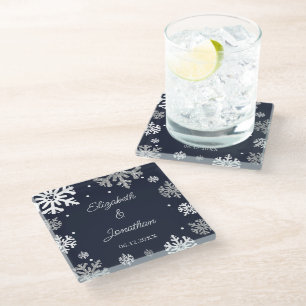 Navy Blue Snowflakes Winter Wedding Glazen Onderzetter
