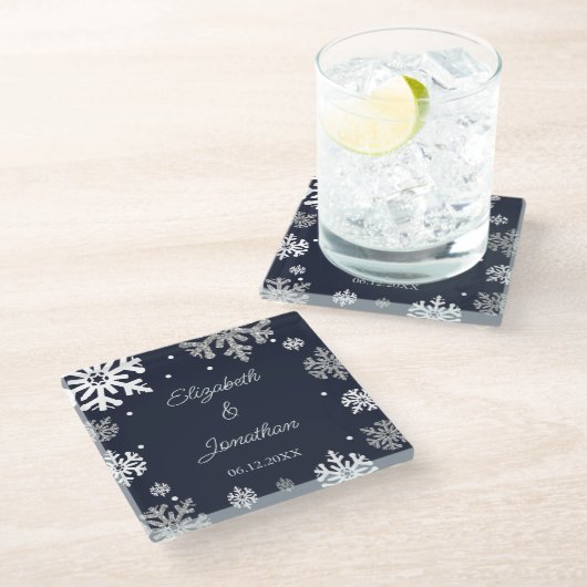 Navy Blue Snowflakes Winter Wedding Glazen Onderzetter (Schuin)