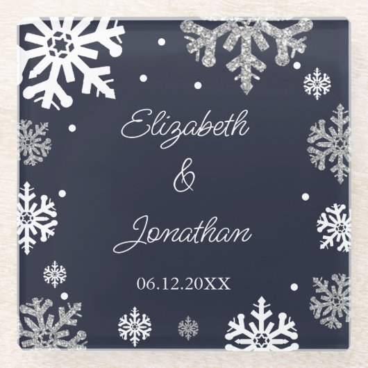 Navy Blue Snowflakes Winter Wedding Glazen Onderzetter (Voorkant)