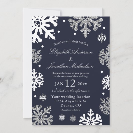 Navy Blue Snowflakes Winter Wedding Kaart (Voorkant)