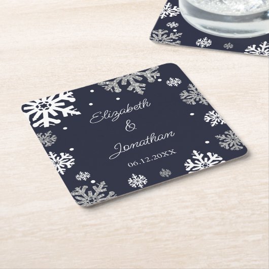 Navy Blue Snowflakes Winter Wedding Kartonnen Onderzetters (Schuin)
