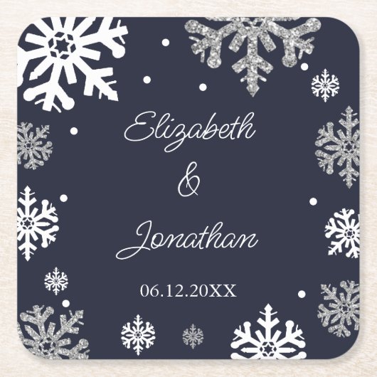 Navy Blue Snowflakes Winter Wedding Kartonnen Onderzetters (Voorkant)