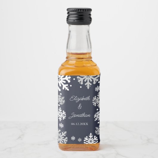 Navy Blue Snowflakes Winter Wedding Likeurfles Etiket (Voorkant)