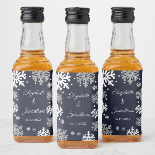 Navy Blue Snowflakes Winter Wedding Likeurfles Etiket (Flessen)