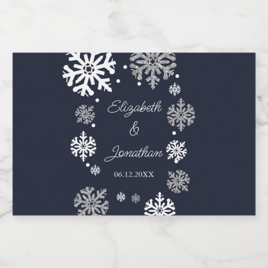 Navy Blue Snowflakes Winter Wedding Likeurfles Etiket (Enkel label)