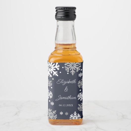 Navy Blue Snowflakes Winter Wedding Likeurfles Etiket (Voorkant)