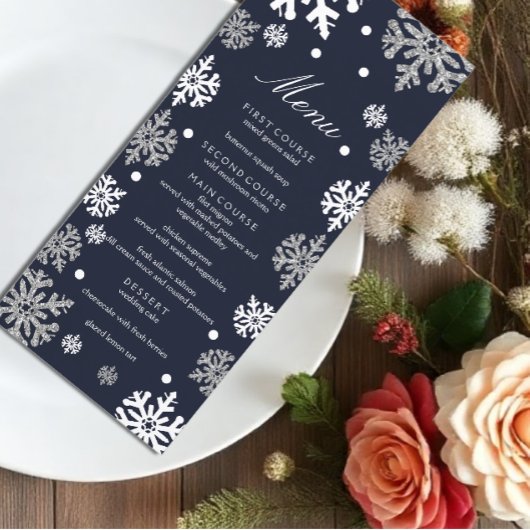 Navy Blue Snowflakes Winter Wedding Menu