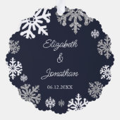 Navy Blue Snowflakes Winter Wedding Ornament Kaart (Achterkant)