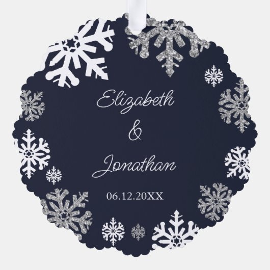 Navy Blue Snowflakes Winter Wedding Ornament Kaart (Achterkant)