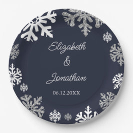 Navy Blue Snowflakes Winter Wedding Papieren Bordje