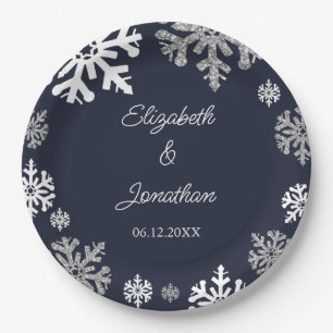 Navy Blue Snowflakes Winter Wedding Papieren Bordje