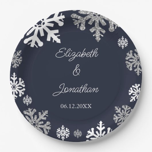 Navy Blue Snowflakes Winter Wedding Papieren Bordje (Voorkant)