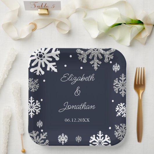Navy Blue Snowflakes Winter Wedding Papieren Bordje (Huwelijk)