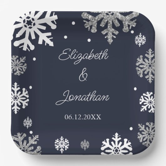 Navy Blue Snowflakes Winter Wedding Papieren Bordje (Voorkant)