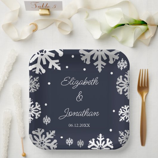 Navy Blue Snowflakes Winter Wedding Papieren Bordje (Huwelijk)