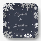 Navy Blue Snowflakes Winter Wedding Papieren Bordje (Voorkant)