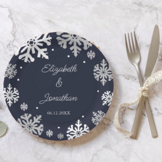 Navy Blue Snowflakes Winter Wedding Papieren Bordje