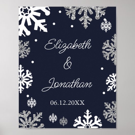 Navy Blue Snowflakes Winter Wedding Poster (Voorkant)
