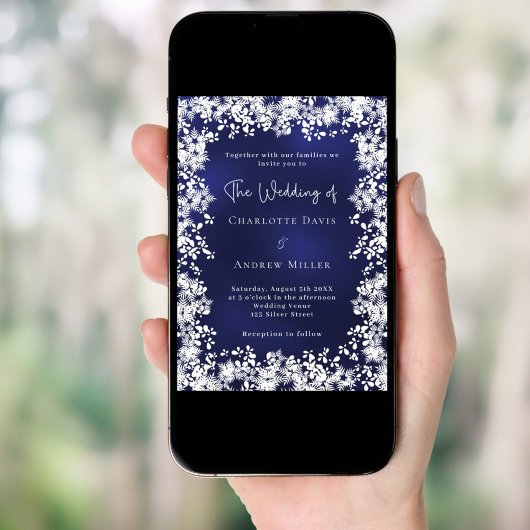 Navy blue snowflakes winter wedding QR code RSVP Kaart