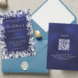 Navy blue snowflakes winter wedding QR code RSVP Kaart